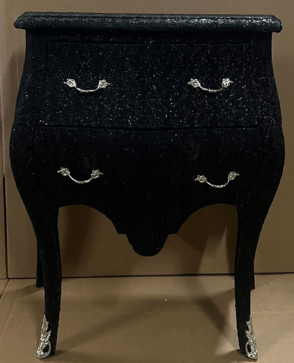 Barock Kommode Schwarz Glitzer Look / Silber - Handgefertigte Barockstil Nachtkommode mit 2 Schubladen - Barock Möbel - Schlafzimmer Möbel im Barockstil