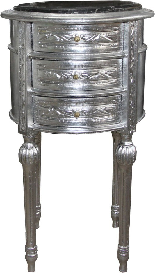 Barock Kommode / Beistelltisch Silber mit schwarzer Marmorplatte Höhe 72 cm, Durchmesser 41 cm - Nachttisch Konsole