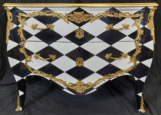 Barock Kommode mit Karo Design und 2 Schubladen Schwarz / Weiß / Gold - Handgefertigte Massivholz Kommode im Barockstil - Schlafzimmer Möbel im Barockstil - Barock Möbel