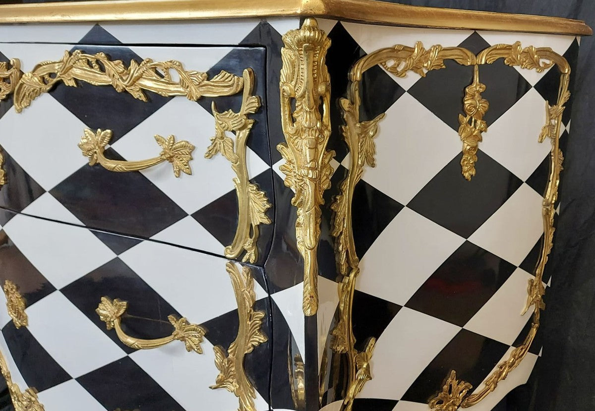 Barock Kommode mit Karo Design und 2 Schubladen Schwarz / Weiß / Gold - Handgefertigte Massivholz Kommode im Barockstil - Schlafzimmer Möbel im Barockstil - Barock Möbel