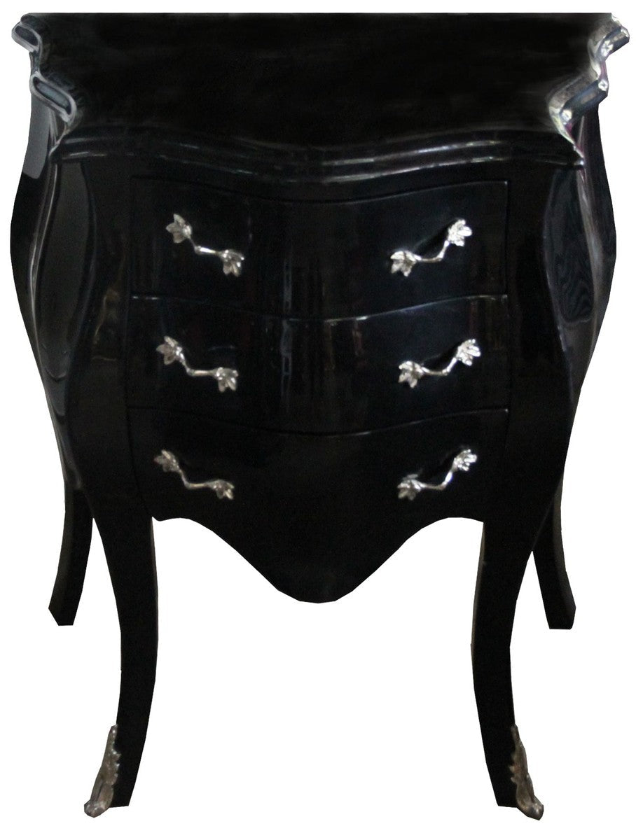 Barock Kommode Schwarz / Silber H 74 cm, B 64 cm, T 40 cm - Nachttisch Kommode