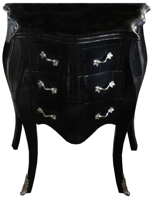 Barock Kommode Schwarz / Silber H 74 cm, B 64 cm, T 40 cm - Nachttisch Kommode