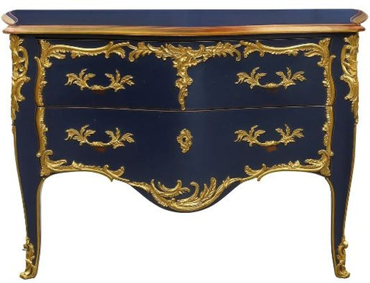 Barock Kommode mit 2 Schubladen Antik Dunkelblau / Gold - Handgefertigte Massivholz Kommode im Barockstil - Handgefertigte Barock Möbel - Edel & Prunkvoll