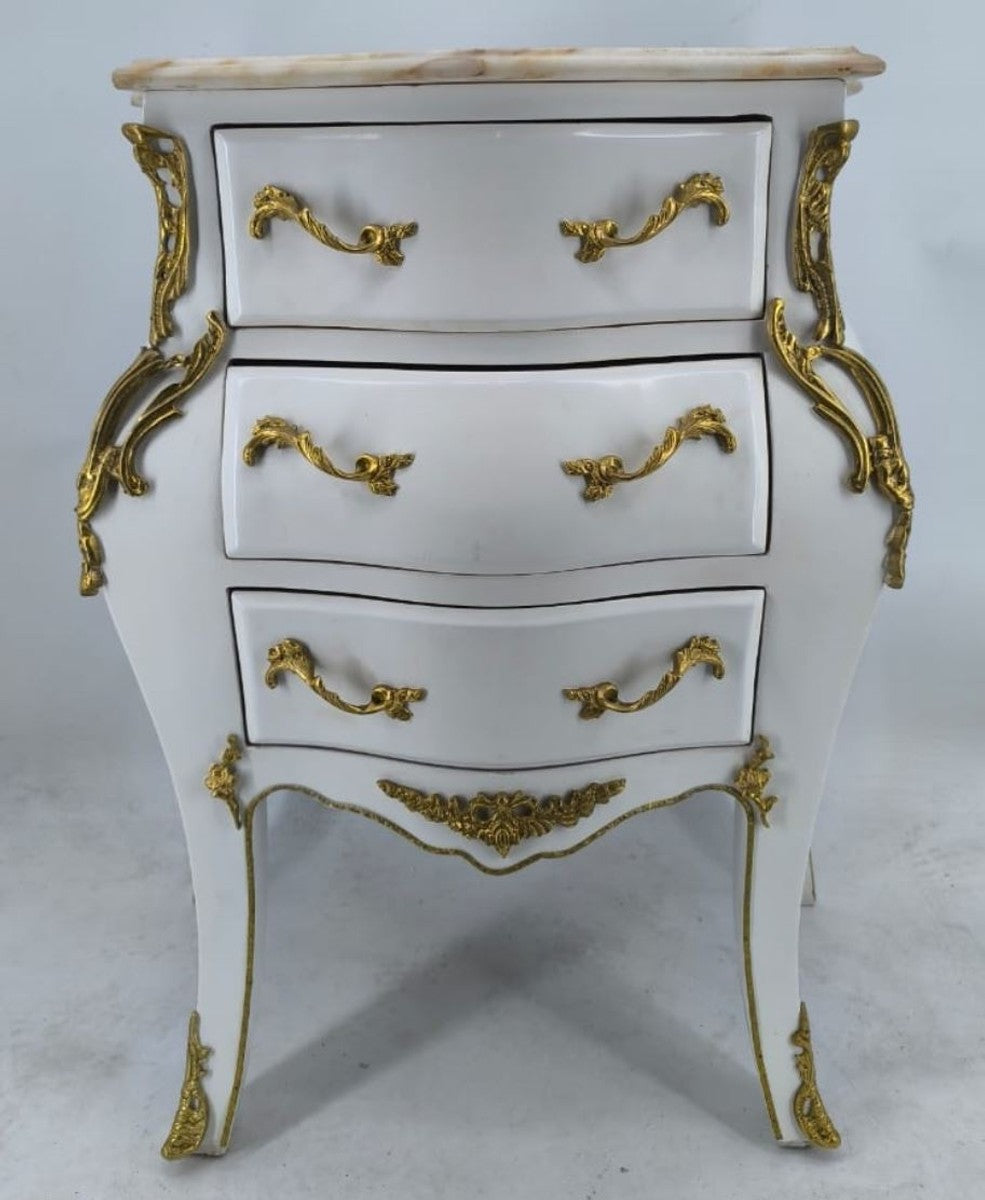 Barock Kommode mit 3 Schubladen Weiß / Gold / Beige H. 80 cm - Barock Möbel