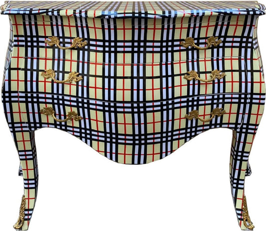 Barock Kommode mit 3 Schubladen Cremefarben / Weiß / Schwarz / Rot - Gestreifte Massivholz Kommode im Barockstil - Handgefertigte Barock Möbel