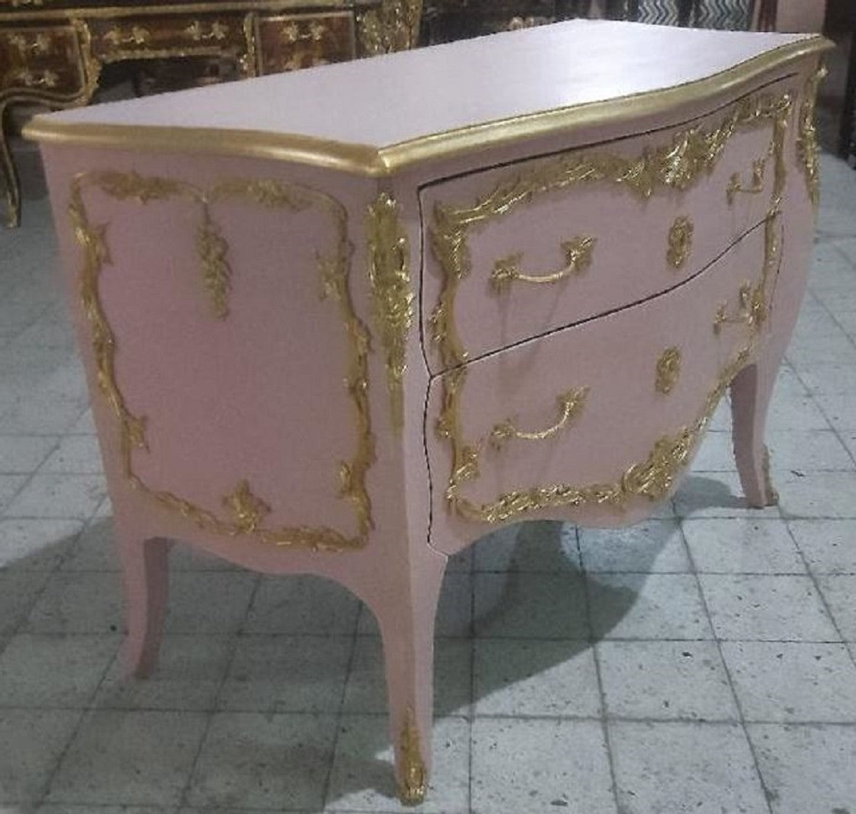 Barock Kommode mit 2 Schubladen Rosa / Gold - Handgefertigte Massivholz Kommode im Barockstil - Schlafzimmer Möbel im Barockstil - Barock Möbel - Barock Einrichtung - Edel & Prunkvoll