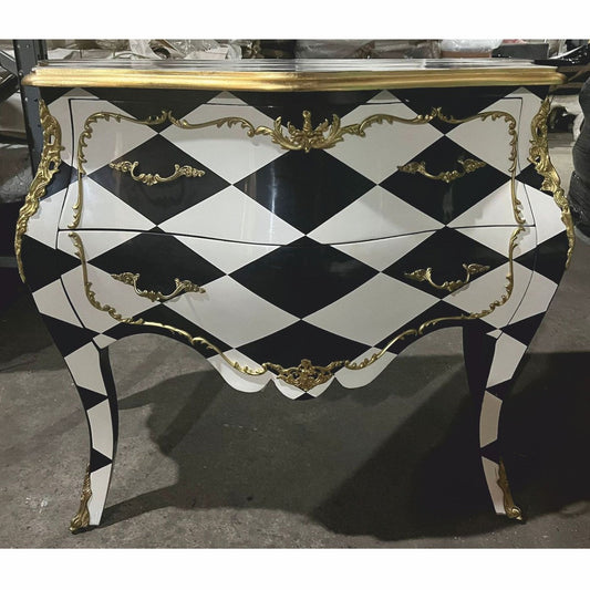 Barock Kommode mit Karo Design und 2 Schubladen Schwarz / Weiß / Gold - Barock Möbel