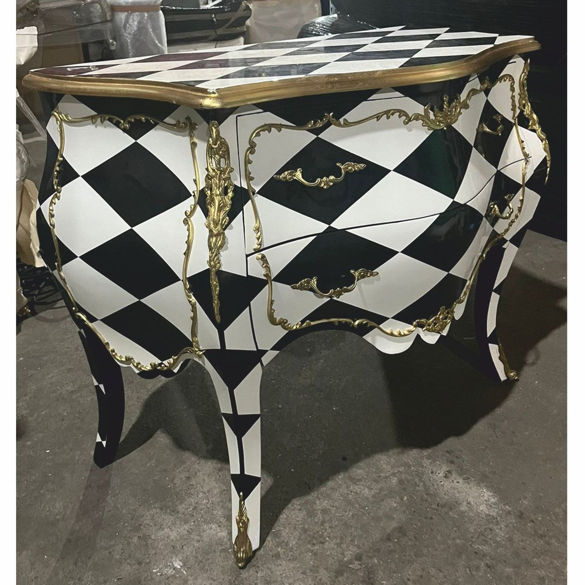 Barock Kommode mit Karo Design und 2 Schubladen Schwarz / Weiß / Gold - Barock Möbel