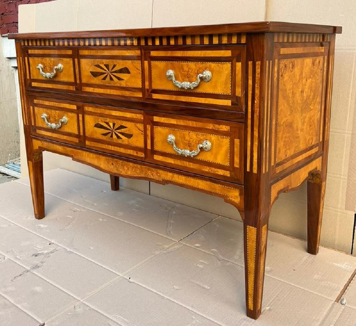 Biedermeier Kommode mit 2 Schubladen Braun / Naturfarben / Silber - Handgefertigte Massivholz Kommode - Biedermeier Schlafzimmer Möbel