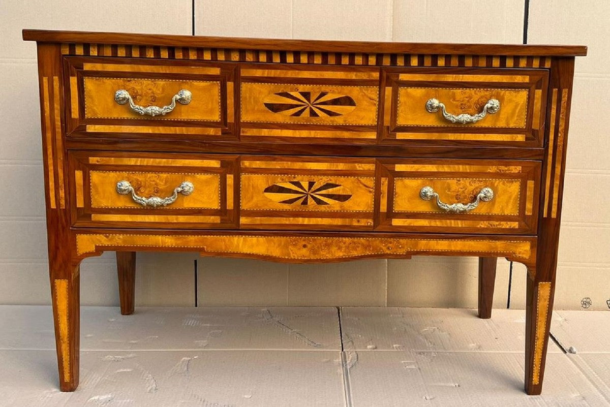 Biedermeier Kommode mit 2 Schubladen Braun / Naturfarben / Silber - Handgefertigte Massivholz Kommode - Biedermeier Schlafzimmer Möbel