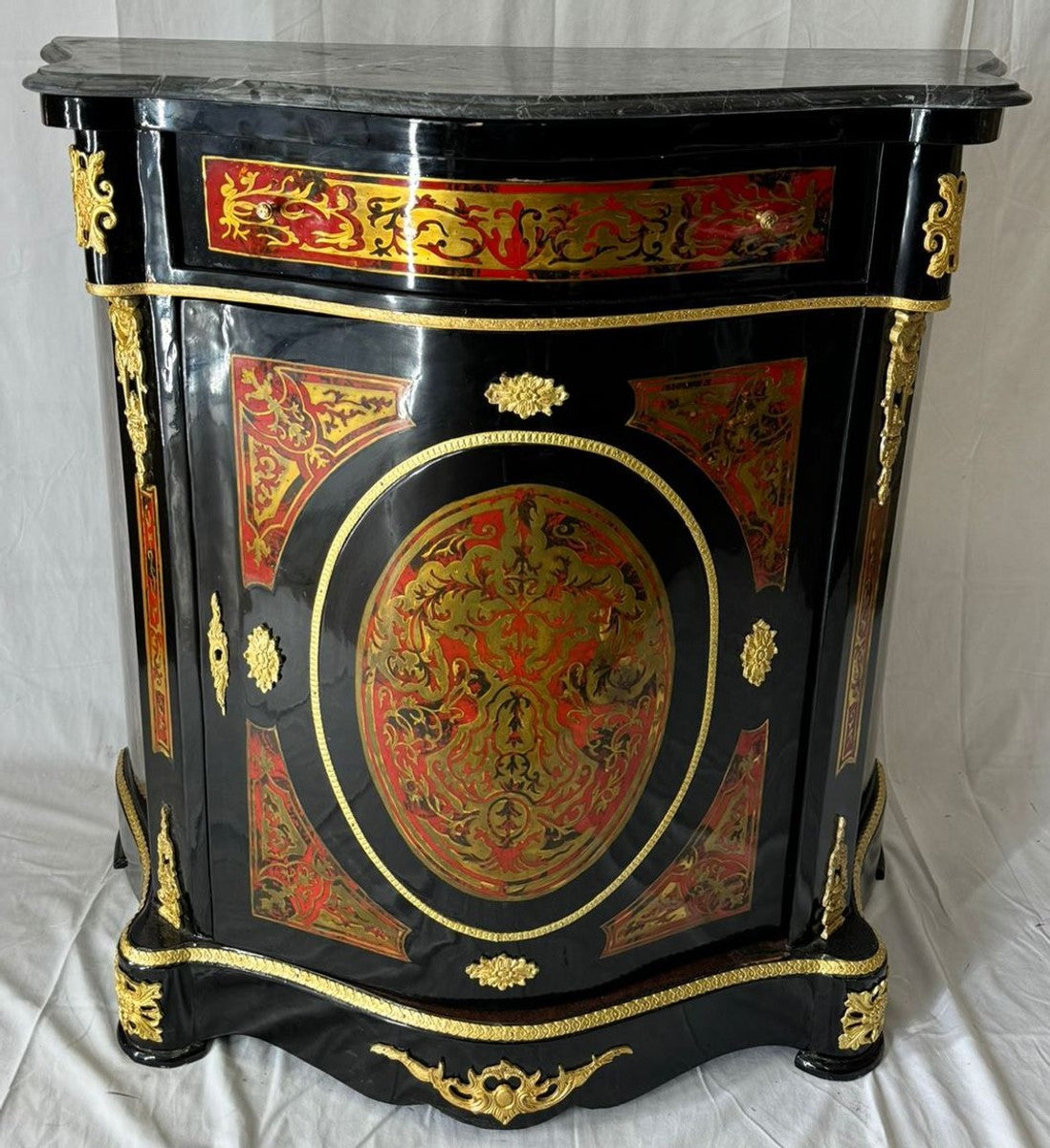 Barock Boulle Kommode mit Marmorplatte Schwarz / Rot / Gold - Barock Möbel