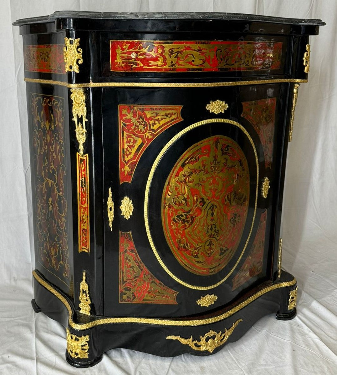 Barock Boulle Kommode mit Marmorplatte Schwarz / Rot / Gold - Barock Möbel