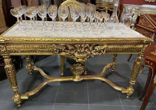Barock Esstisch Gold / Weiß - Rechteckiger Massivholz Esszimmertisch mit Marmorplatte - Esszimmer Möbel im Barockstil - Barock Möbel - Edel & Prunkvoll