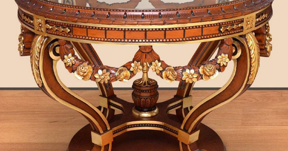 Barock Konferenztisch Braun / Gold - Runder Massivholz Büro Tisch mit Glasplatte - Barock Büro Möbel - Edel & Prunkvoll