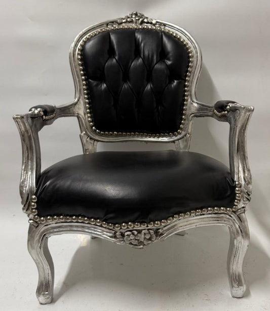 Barock Kunstleder Kinderstuhl mit Armlehnen Schwarz / Silber - Barock Kindermöbel