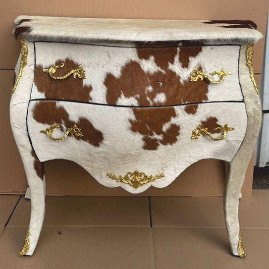 Barock Kuhfell Kommode Weiß / Braun / Gold 100 cm - Barock Möbel