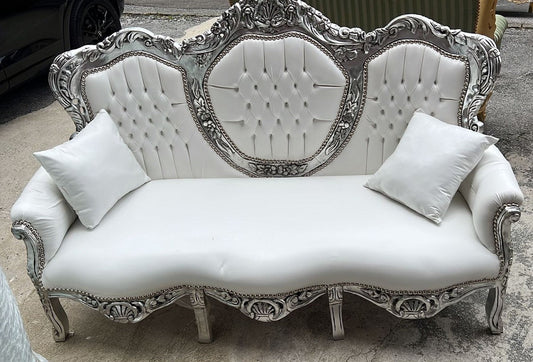 Barock Kunstleder Sofa Weiß / Silber 180 cm - Barock Wohnzimmer Möbel