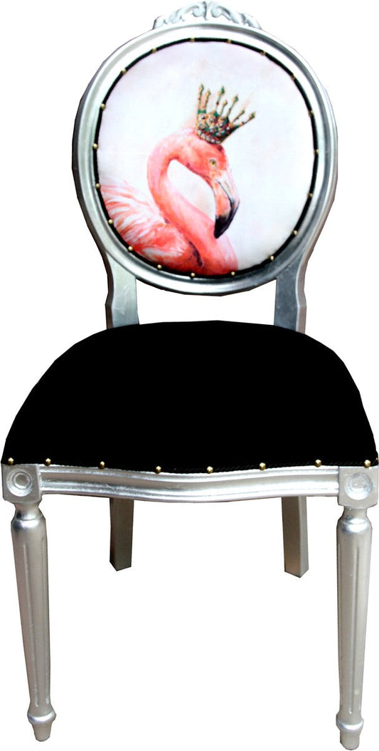 Barock Luxus Esszimmer Stuhl Flamingo / Silber mit Bling Bling Glitzersteinen - Designer Stuhl
