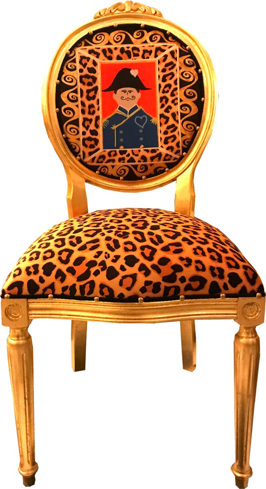 Barock Medaillon Luxus Esszimmer Stuhl Leopard / Gold Napoleon - Luxs Kollektion