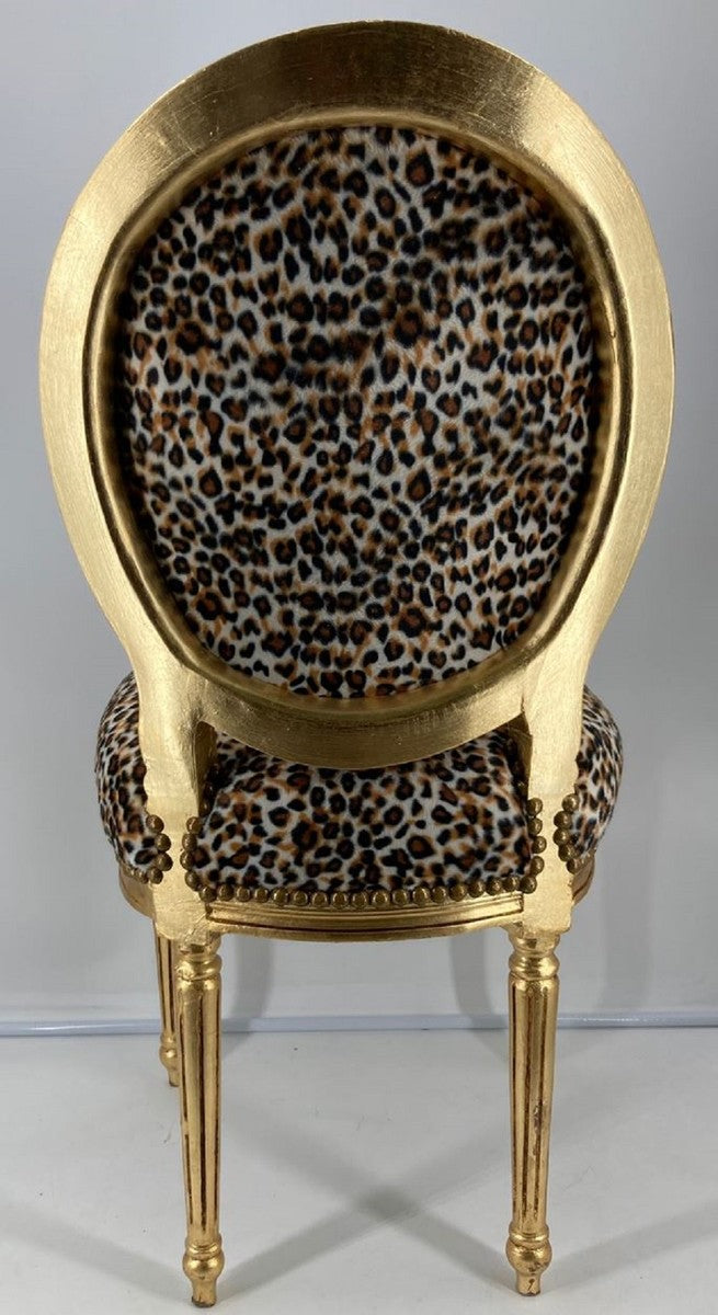 Barock Esszimmer Stuhl Medaillon Leopard / Gold - Handgefertigter Massivholz Antik Stil Küchen Stuhl mit Muster - Barock Esszimmer Möbel