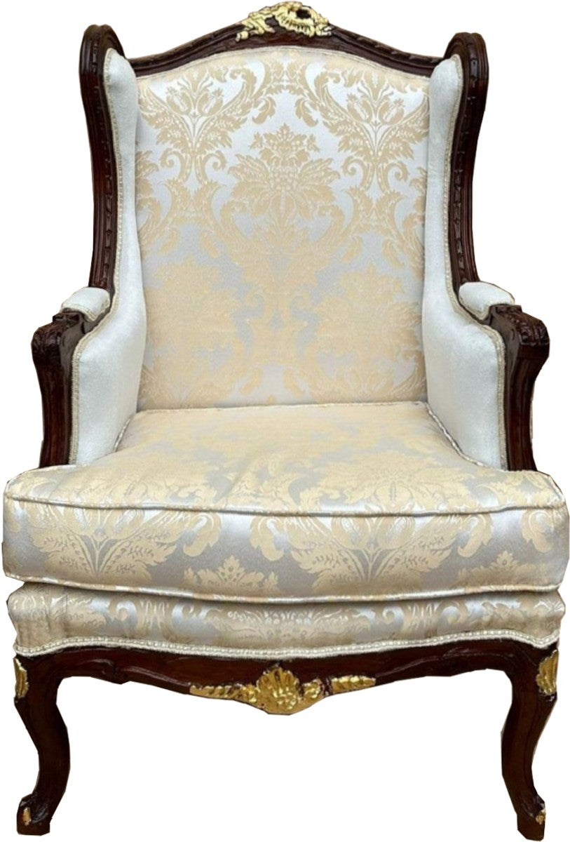 Barock Ohrensessel Beige / Dunkelbraun / Gold - Barock Wohnzimmer Möbel