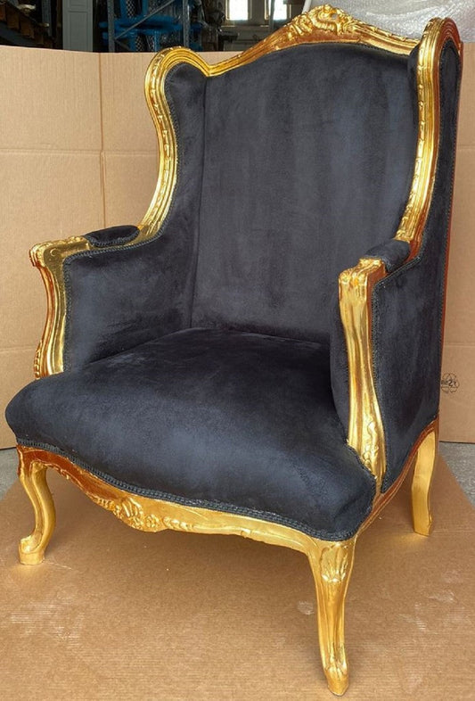 Barock Ohrensessel Schwarz / Gold - Handgefertigter Antik Stil Wohnzimmer Sessel - Antik Stil Möbel - Barock Wohnzimmer Möbel