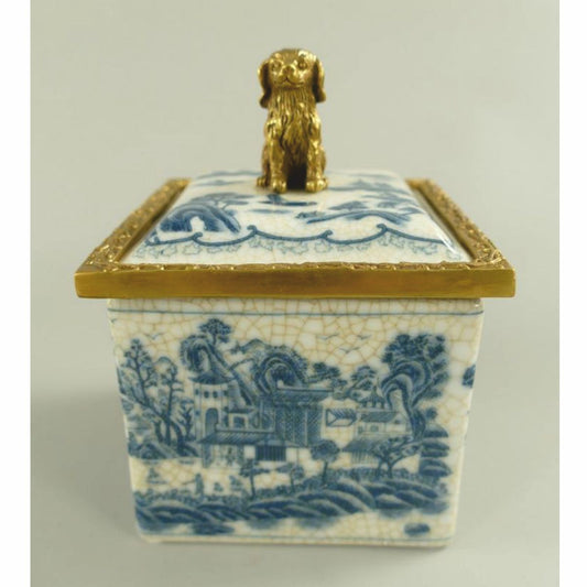 Barock Porzellan Zuckerdose mit Deckel Creme / Blau / Messing 10 x 10 x H. 13 cm