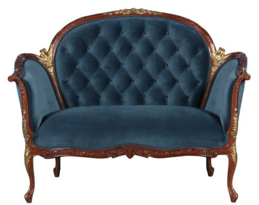 Barock Samt Sofa Blau / Braun / Messingfarben 125 x 73,5 x H. 92,5 cm - Möbel im Barockstil
