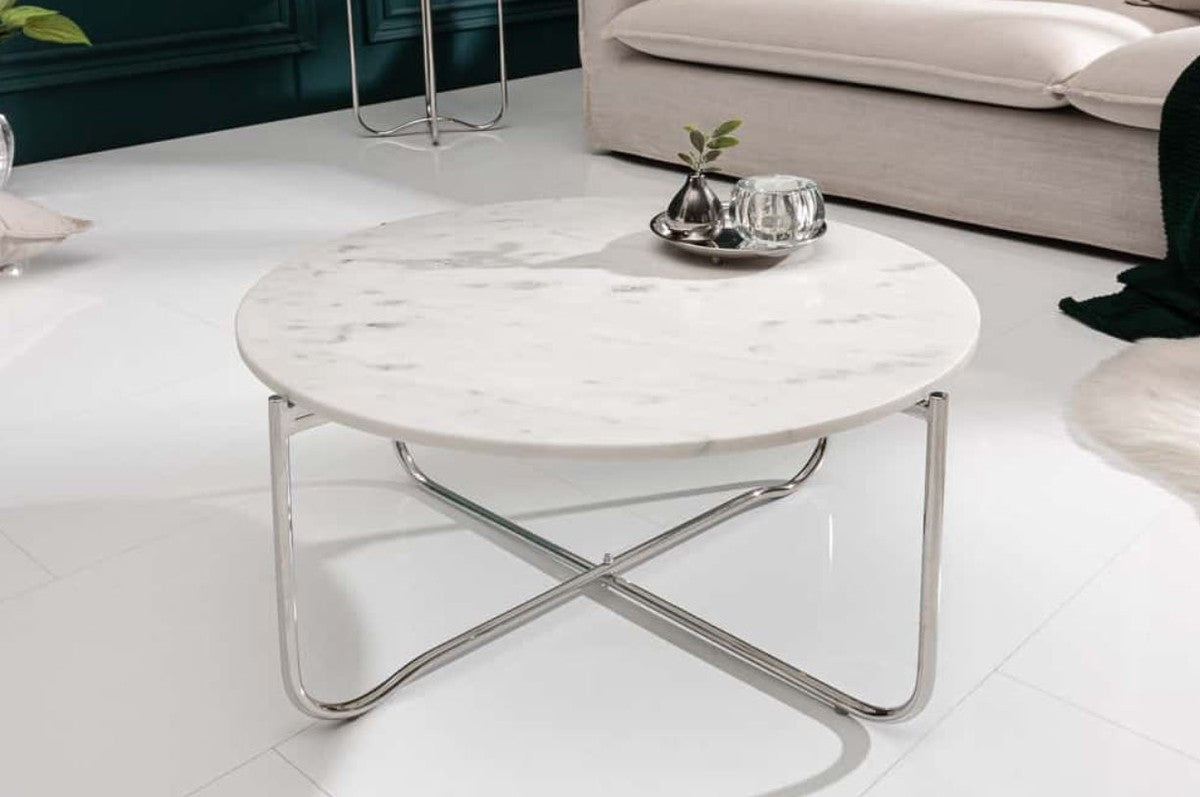 Couchtisch mit Marmorplatte Weiß / Silber Ø 62 cm - Wohnzimmer Möbel
