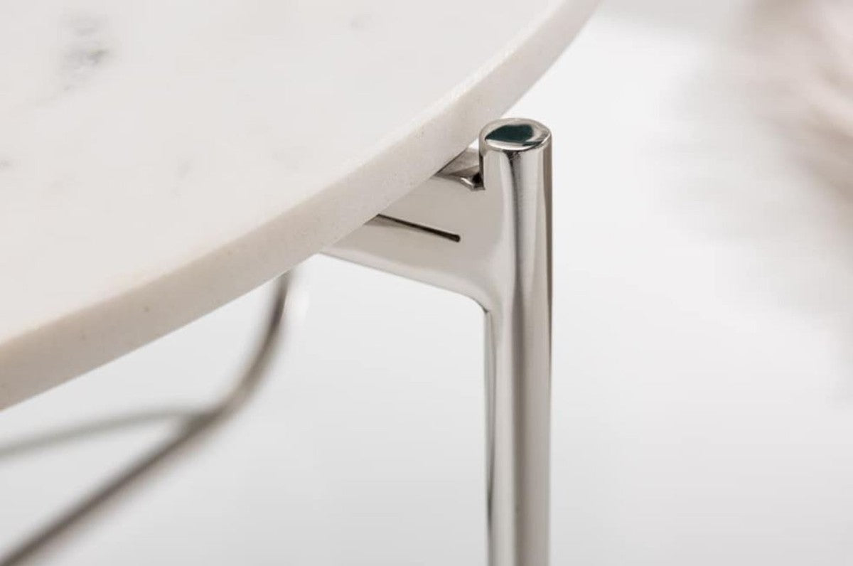 Couchtisch mit Marmorplatte Weiß / Silber Ø 62 cm - Wohnzimmer Möbel