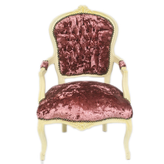 Barock Salon Stuhl Bordeaux Velour Stoff / Creme - Antik Design Möbel