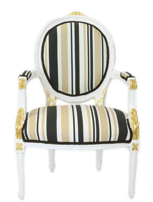 Barock Salon Stuhl Weiß / Gold / Mehrfarbig 50 x 50 x H. 105 cm - Gestreifter Barock Stuhl mit Armlehnen - Barock Möbel