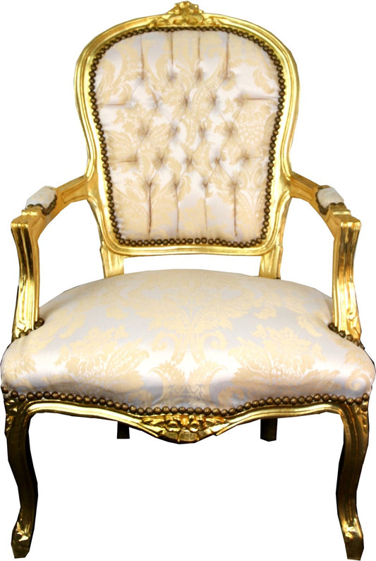 Barock Salon Stuhl Creme Muster / Gold - Antik Look Möbel