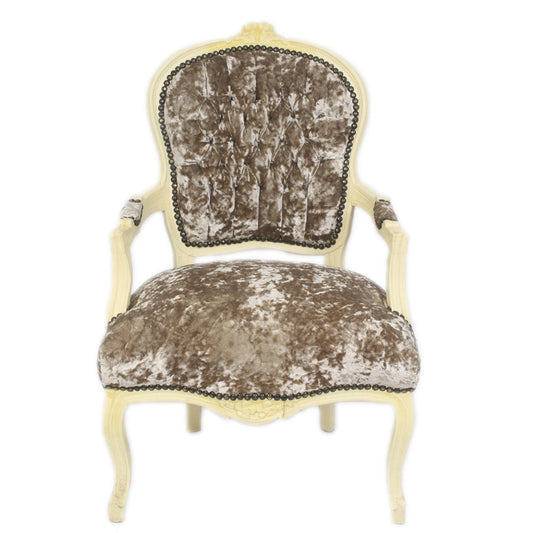 Barock Salon Stuhl Khaki Velour Stoff / Creme - Antik Design Möbel