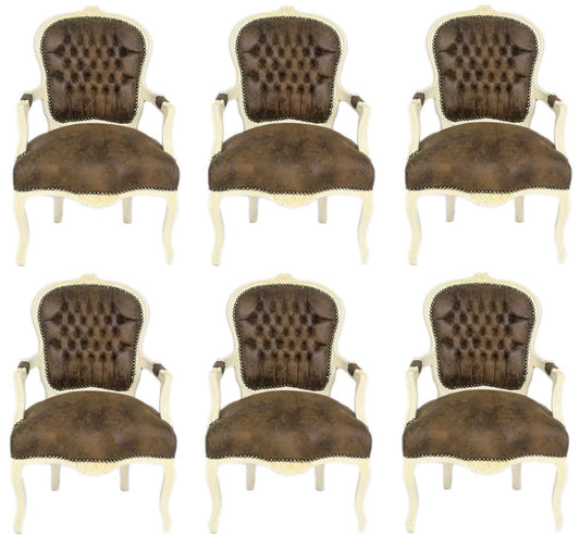 Barock Salon Stuhl Set Braun / Creme 60 x 50 x H. 93 cm - 6 handgefertigte Salon Stühle mit Lederoptik - Barockmöbel