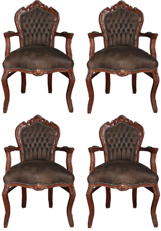 Barock Esszimmer Set Braun / Braun Lederoptik 53 x 57 x H. 108 cm - 4 handgefertigte Esszimmerstühle mit Armlehnen - Barockmöbel