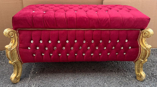 Barock Sitzbank - Truhe mit Glitzersteinen Bordeauxrot / Gold - Barock Möbel