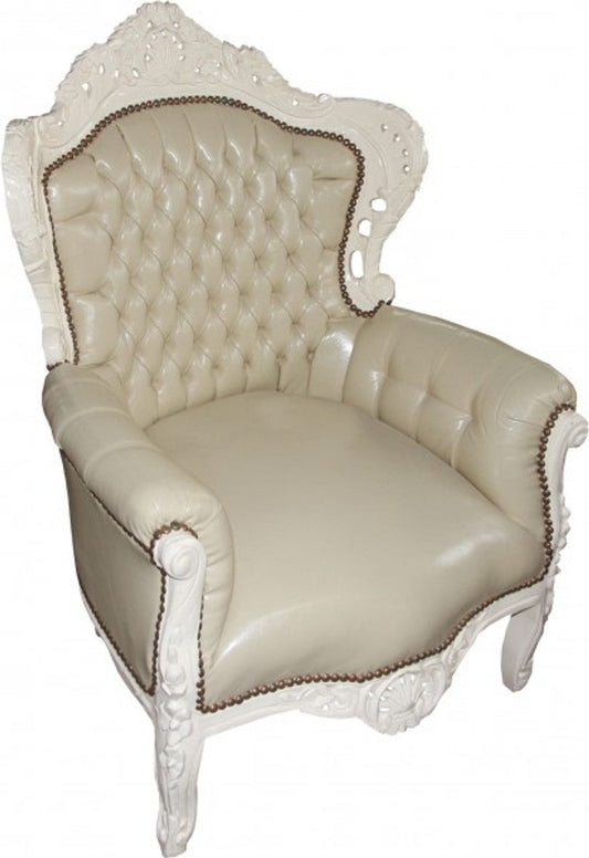 Barock Sessel King Creme / Creme Lederoptik - Antik Möbel
