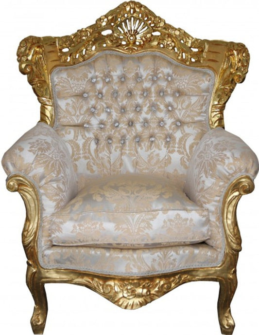 Barock Sessel King Mod2 Creme Gold Muster / Gold mit Glitzersteinen 85 x 60 x H. 116 cm