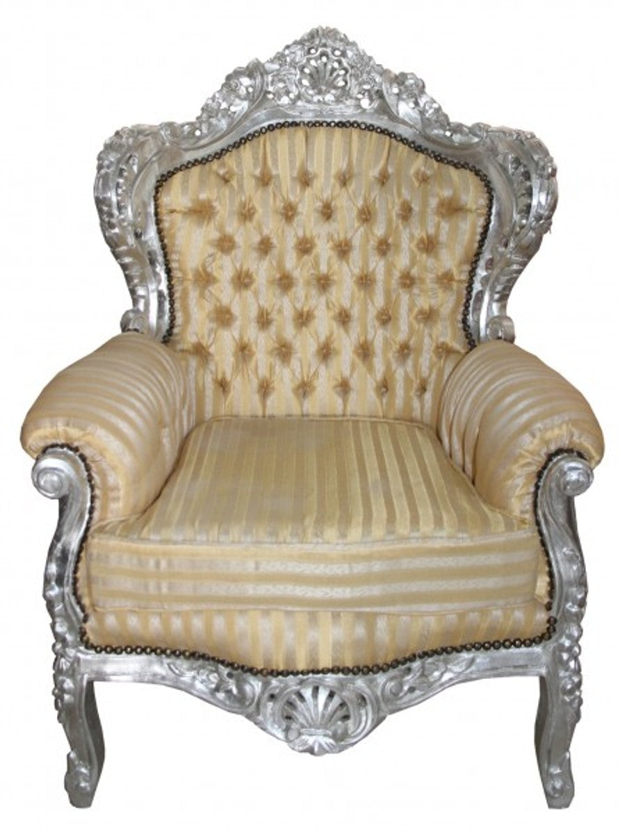 Sessel King Mod2 Gold / Beige Streifen / Silber - Barock Sessel