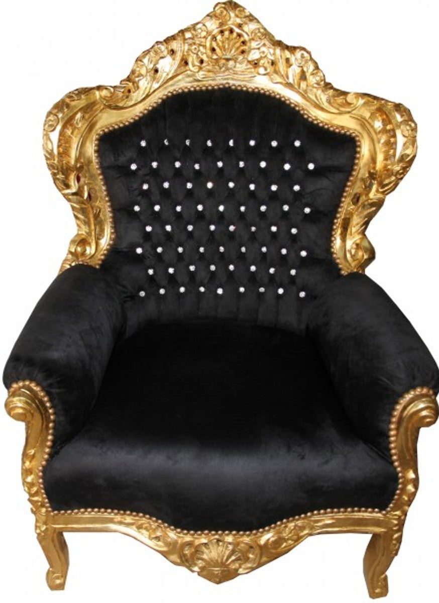 Barock Sessel King Schwarz / Gold mit Glitzersteinen - Luxus Barock Sessel