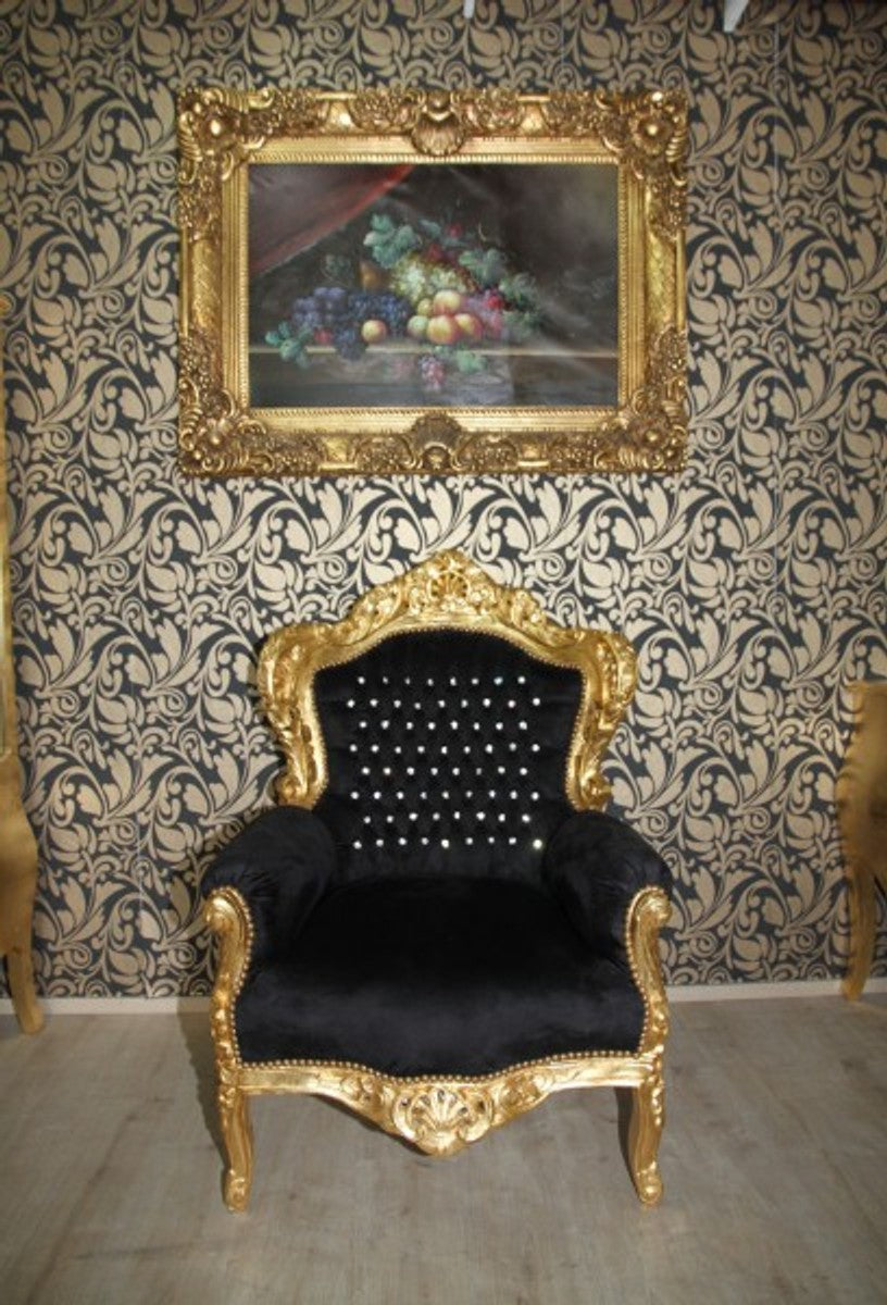 Barock Sessel King Schwarz / Gold mit Glitzersteinen - Luxus Barock Möbel