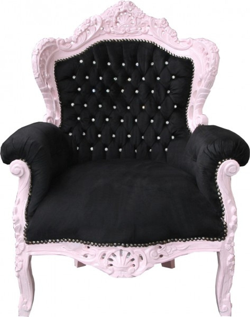 Barock Sessel King Schwarz / Rosa mit Glitzersteinen - Barock Wohnzimmermöbel