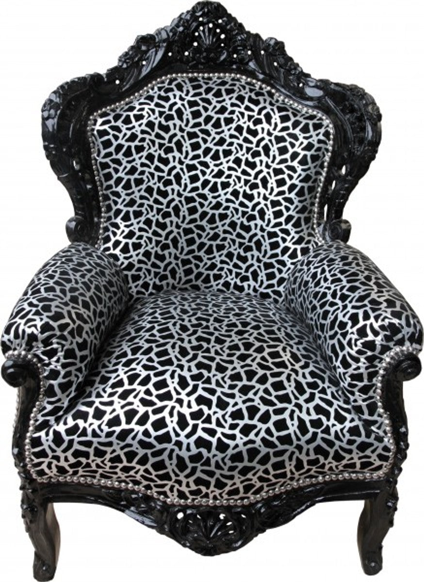 Barock Sessel King Silber Schwarz Muster / Schwarz 85 x 85 x H.120 cm