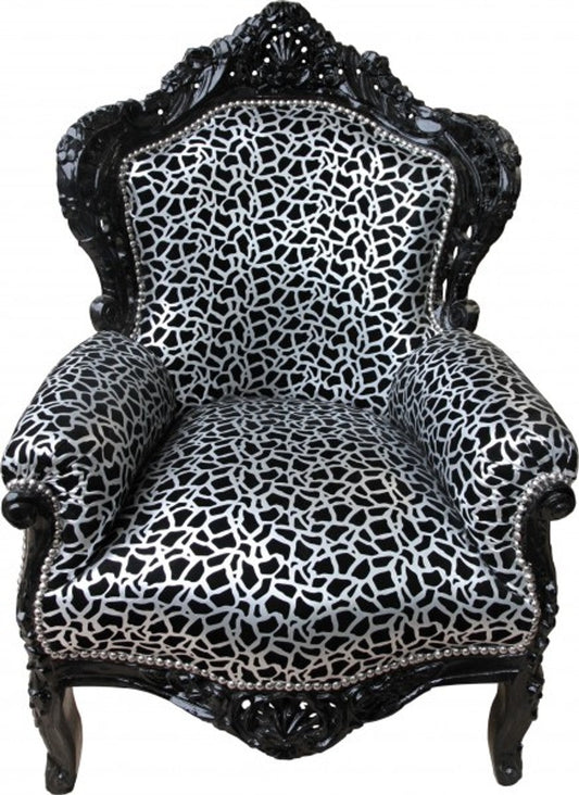 Barock Sessel King Silber Schwarz Muster / Schwarz 85 x 85 x H.120 cm