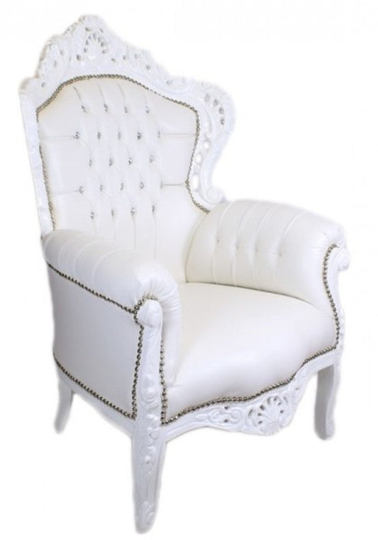 Barock Sessel King Weiß Lederoptik mit Bling Bling Glitzersteinen - Luxus Barock Möbel