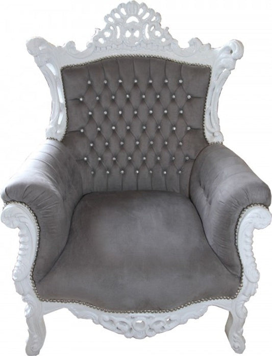 Barock Sessel Al Capone Grau / Weiß mit Glitzersteinen