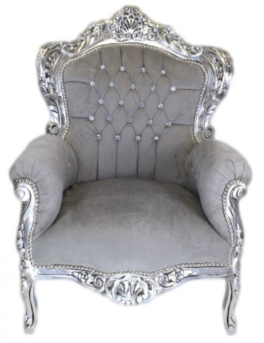 Barock Sessel King Grau / Silber m. Bling Bling Glitzersteinen