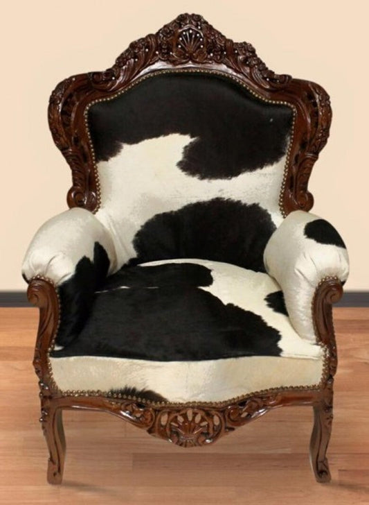 Sessel King Kuhfell Schwarz-Weiß / Braun 85 x 85 x H. 120 cm - Luxus Barock Sessel