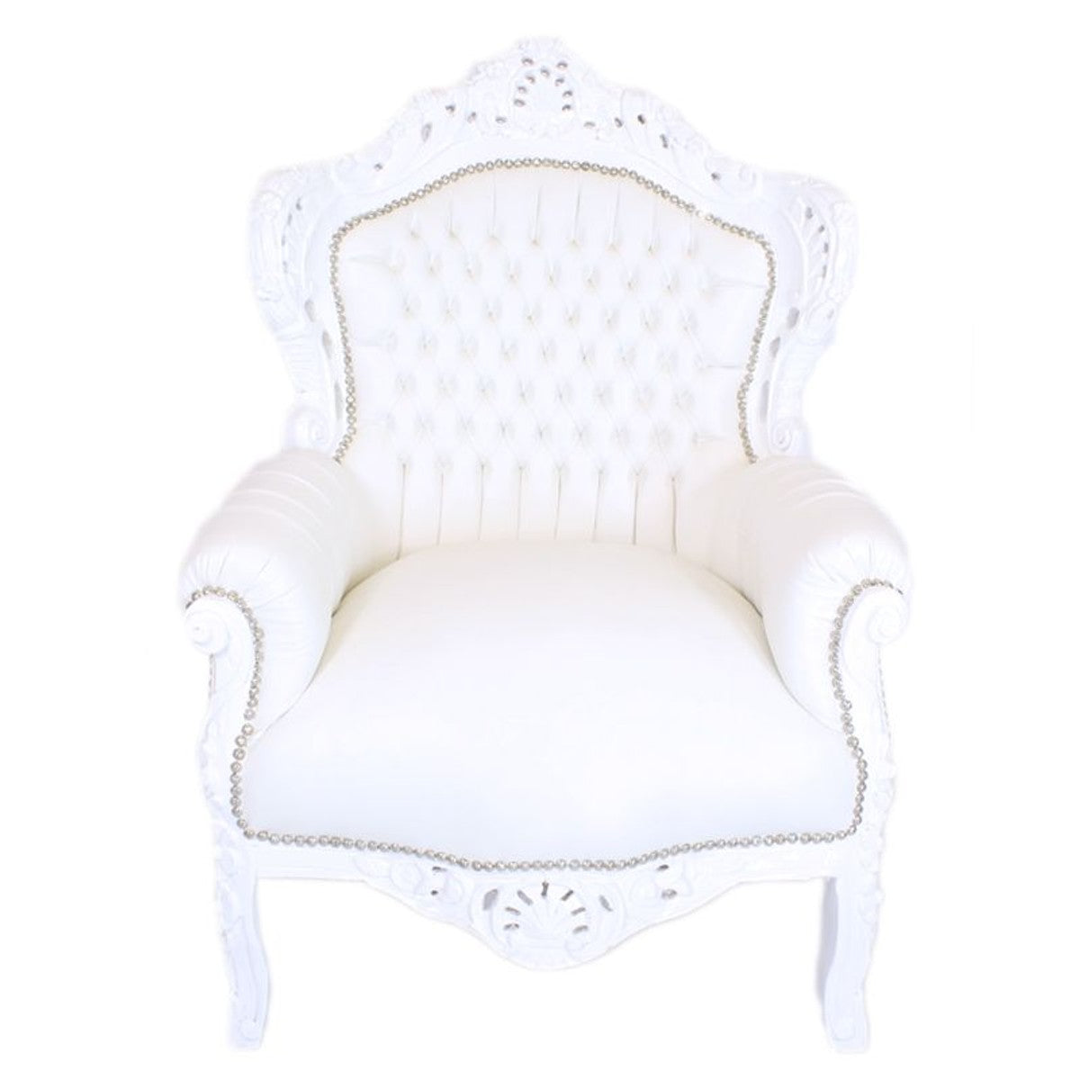 Barock Sessel King in weißer Lederoptik mit Glitzersteinen - Limited Edition